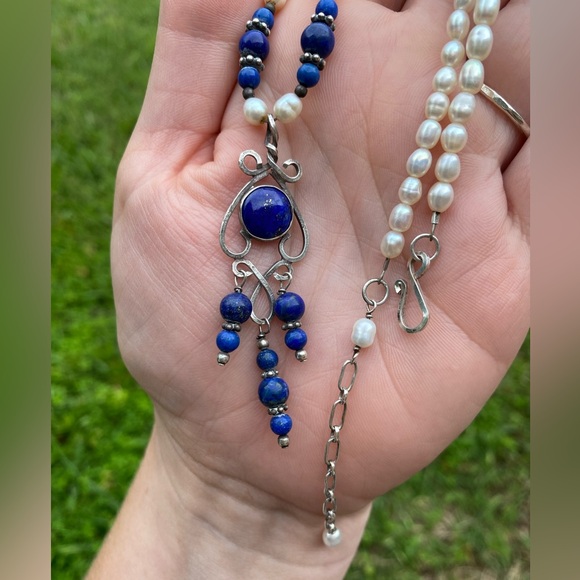 *SOLD*Sterling Silver Lapis Lazuli Pearl Necklace w/ Gold Pyrite Flakes - Picture 7 of 8